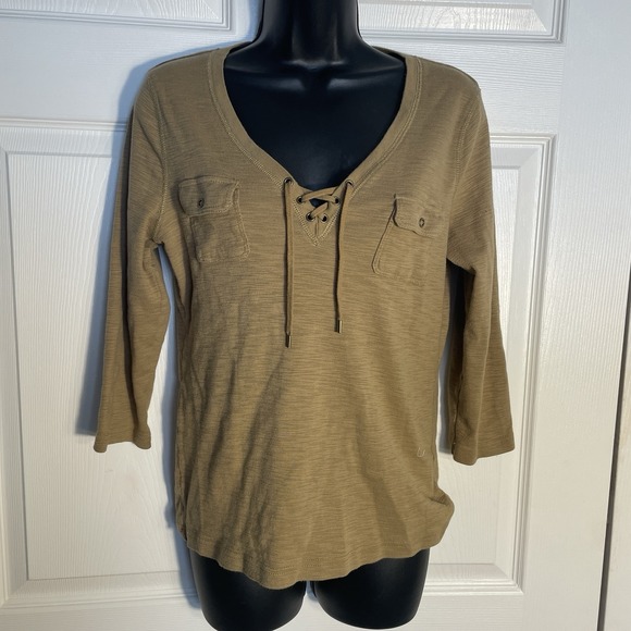 American Living Tops - Ralph Lauren American Living Shirt Women L Brown Lace Up V Neck 3/4 Sleeve Top